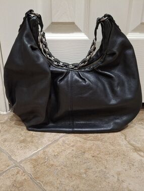Soft Black Genuine Leather Hobo Bag with Chain Accent Strap from Milan, Italy